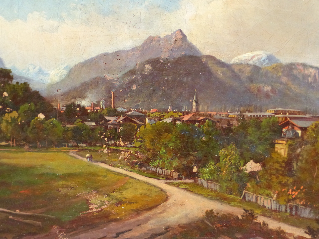 19th C. EUROPEAN SCHOOL, AN ALPINE TOWN VIEW, INDISTINCTLY SIGNED, OIL ON CANVAS, 19.5 x 25.5cms. - Image 2 of 6