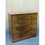 A SEDDON JOHNSTONE AND JEANES SATIN WOOD CHEST OF TWO SHORT AND THREE GRADED LONG DRAWERS ON A