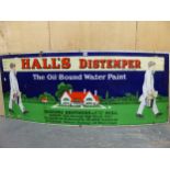 A LARGE VINTAGE ENAMEL SIGN FOR SISSONS BROTHERS PAINTS, HALLS DISTEMPER OIL BOUND WATER PAINT