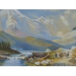 19th/20th C. ALPINE SCHOOL, TRAVELLERS ON AN ALPINE PATH BY A RIVER, WATERCOLOUR. 42 x 61.5cms.