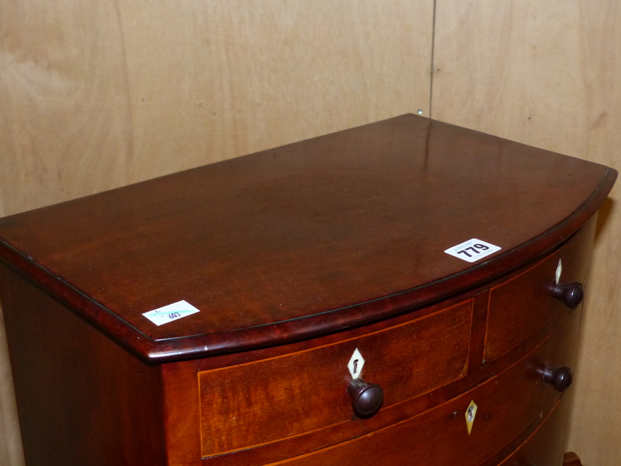 A 19th C. MAHOGANY MINIATURE BOW FRONT CHEST OF TWO SHORT AND THREE GRADED LONG DRAWERS, EACH WITH - Image 2 of 6