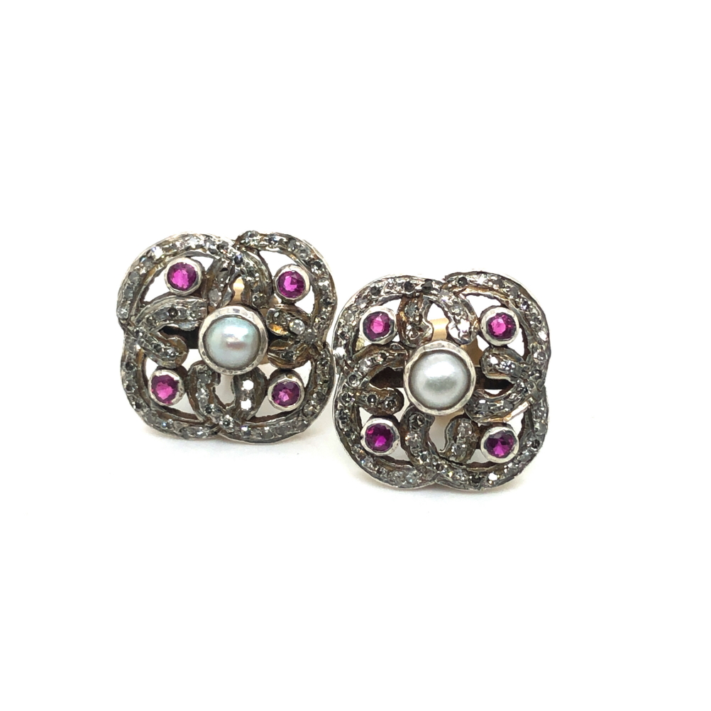 A PAIR OF VINTAGE ANGLO-INDIAN DIAMOND, RUBY AND PEARL STUD EARRINGS. UNHALLMARKED, ASSESSED AS - Image 3 of 3