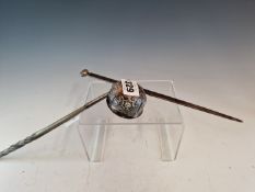 A SILVER MEAT SKEWER BY WALTER WILSON, LONDON 1930, WITH A CYLINDRICAL SCROLL HANDLE. 77.3Gms.