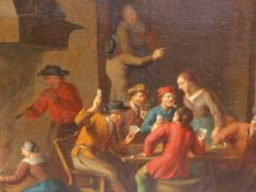 19th C. LOW COUNTRY SCHOOL, CARD PLAYERS IN A HOSTELRY, OIL ON CANVAS. 35 x 43.5cms.