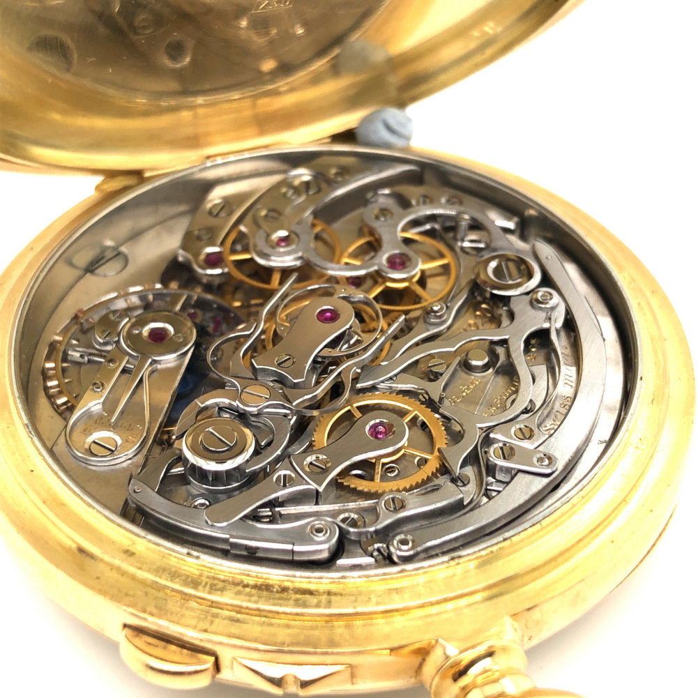 A PATEK PHILIPPE 18ct GOLD OPEN FACE FLYBACK CHRONOGRAPH POCKET WATCH WITH WHITE ENAMEL DIAL. THE - Image 5 of 23