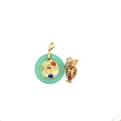A JADE AND MULTI GEMSET DISC AND DRAGON PENDANT,TOGETHER WITH AN ENAMELLED URN CHARM PENDANT. BOTH
