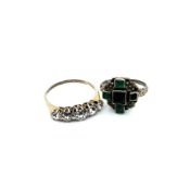 A VINTAGE EMERALD AND SILVER FOLIATE STYLED RING, TOGETHER WITH A FIVE STONE GRADUATED HALF HOOP