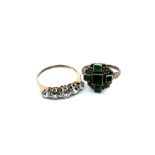 A VINTAGE EMERALD AND SILVER FOLIATE STYLED RING, TOGETHER WITH A FIVE STONE GRADUATED HALF HOOP