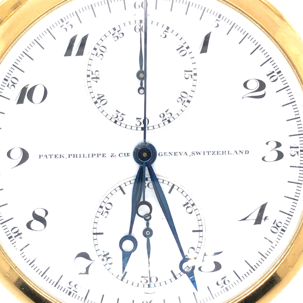 A PATEK PHILIPPE 18ct GOLD OPEN FACE FLYBACK CHRONOGRAPH POCKET WATCH WITH WHITE ENAMEL DIAL. THE - Image 6 of 23