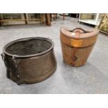 A LEATHER DOUBLE TOP HAT CASE LINED IN RED, TOGETHER WITH A COPPER CIRCULAR PAN WITH RING HANDLES.