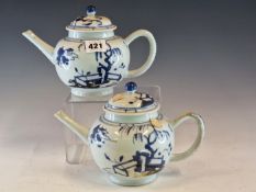 THE NANKING CARGO: TWO 18th C. IMARI PALETTE TEA POTS AND COVERS, CHRISTIES EX LOT 2172 LABELS,