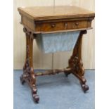 A VICTORIAN BURR WALNUT WORK TABLE WITH A CHESS BOARD INLAID SWIVEL TOP OVER A FITTED DRAWER AND