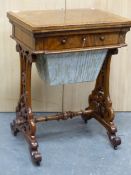 A VICTORIAN BURR WALNUT WORK TABLE WITH A CHESS BOARD INLAID SWIVEL TOP OVER A FITTED DRAWER AND