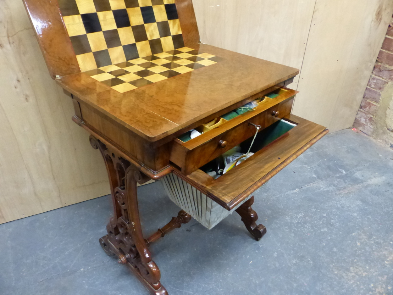 A VICTORIAN BURR WALNUT WORK TABLE WITH A CHESS BOARD INLAID SWIVEL TOP OVER A FITTED DRAWER AND - Image 4 of 5