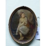 19th C. SCHOOL, A BATHER LOOKING OVER HER SHOULDER WHILE SEATED ON A ROCK, OVAL OIL ON CANVAS. 19.