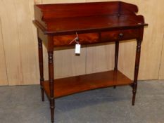 A VICTORIAN MAHOGANY WASHSTAND WITH A THREE QUARTER GALLERY ABOVE TWO APRON DRAWERS, THE TURNED