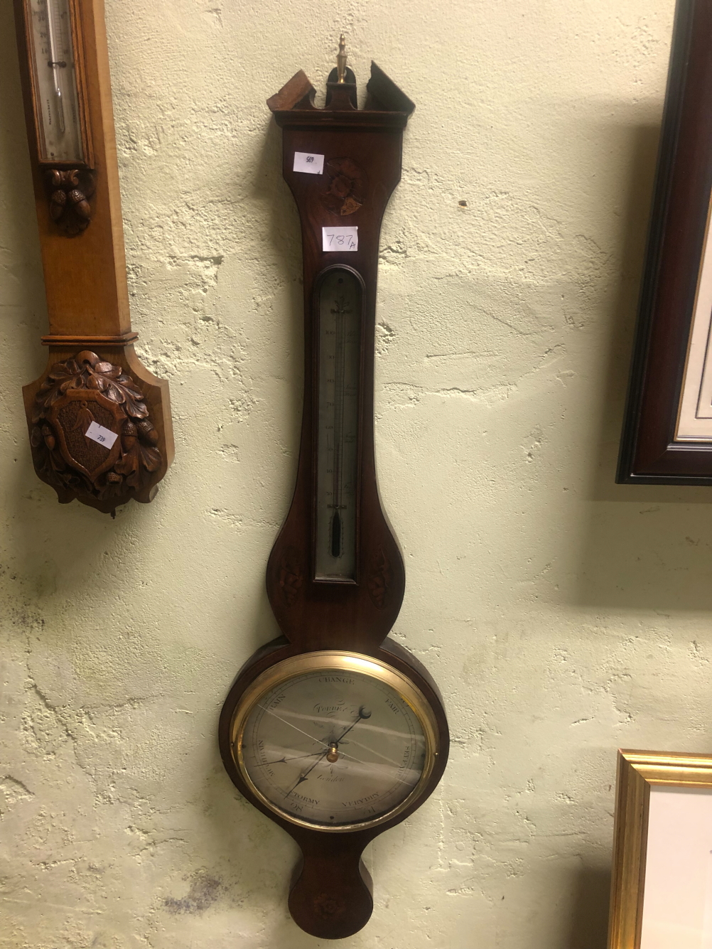 A GEORGE III SHELL AND ROSETTE INLAID MAHOGANY WHEEL BAROMETER BY TORRE OF LONDON, A MERCURY THERMOM