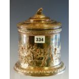 A VICTORIAN ELKINGTON PLATE ON COPPER BISCUIT BARREL, THE CYLINDRICAL BODY WITH A PROCESSION OF