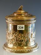 A VICTORIAN ELKINGTON PLATE ON COPPER BISCUIT BARREL, THE CYLINDRICAL BODY WITH A PROCESSION OF
