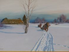 ANDREI AFANASIEVICH YEGAROV (1878-1954), TWO HORSE DRAWN SLEIGHS COMING AWAY IN THE SNOW FROM A