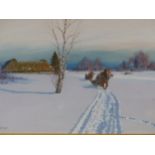 ANDREI AFANASIEVICH YEGAROV (1878-1954), TWO HORSE DRAWN SLEIGHS COMING AWAY IN THE SNOW FROM A