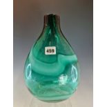 ATTRIBUTED TO ALROSE, A GREEN GLASS VASE OF FLATTENED TEAR SHAPE STREAKED WITH WHITE BANDS. H