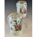TWO LATE 18th/ EARLY 19th C. BOHEMIAN MILK GLASS MARRIAGE MUGS, EACH PAINTED WITH THE HAPPY COUPLES