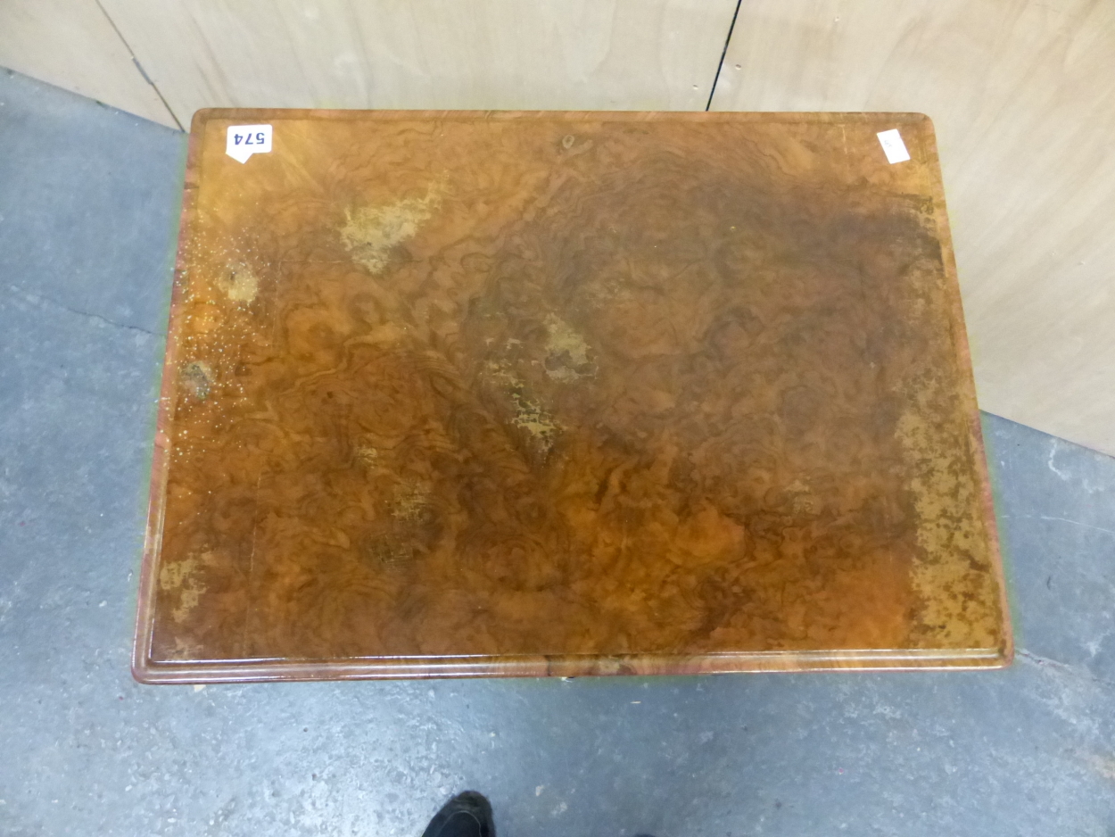 A VICTORIAN BURR WALNUT WORK TABLE WITH A CHESS BOARD INLAID SWIVEL TOP OVER A FITTED DRAWER AND - Image 2 of 5