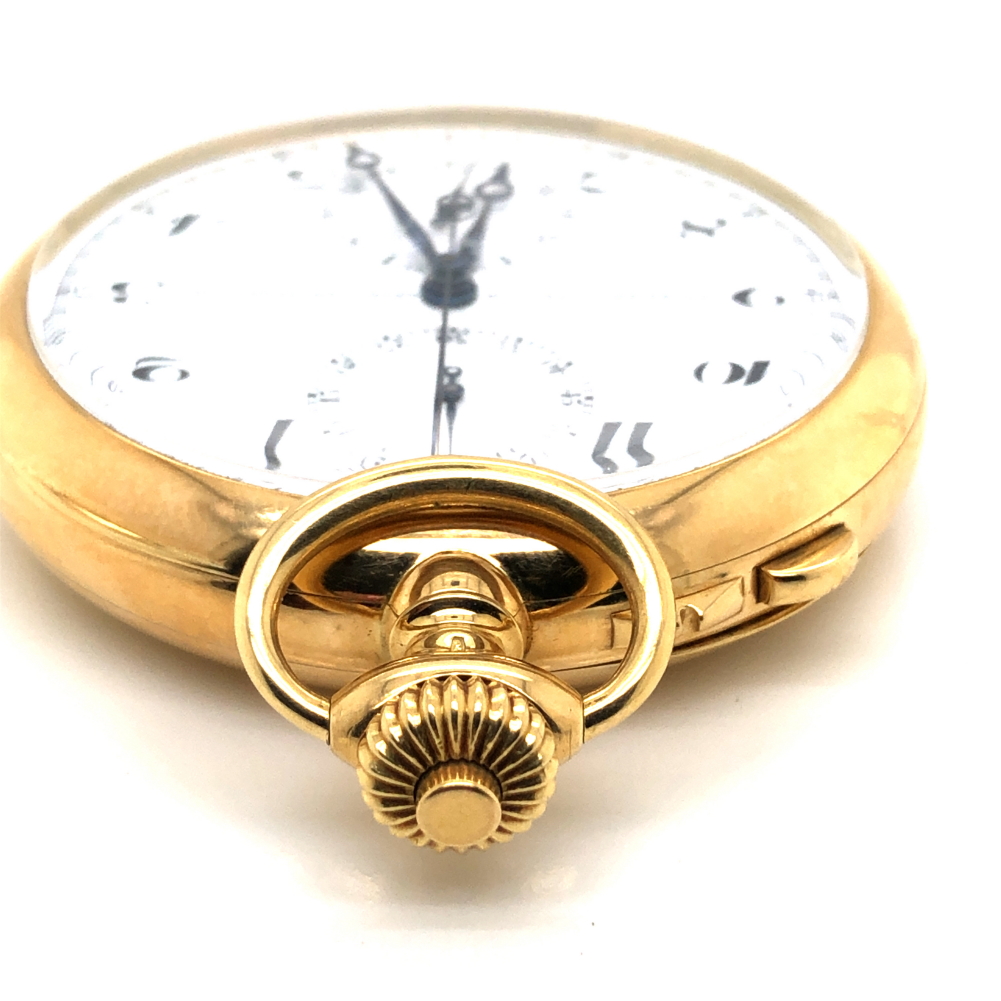 A PATEK PHILIPPE 18ct GOLD OPEN FACE FLYBACK CHRONOGRAPH POCKET WATCH WITH WHITE ENAMEL DIAL. THE - Image 10 of 23