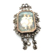 A 19th CENTURY SEED PEARL AND SILVER GILT PENDANT BROOCH, THE CENTRAL FINELY PAINTED MINIATURE