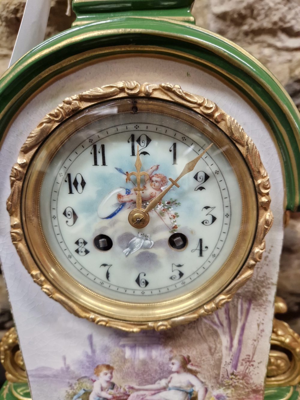 A LATE 19th/EARLY 20th C. FRENCH APPLE GREEN AND GILT PORCELAIN CLOCK GARNITURE, THE CLOCK WITH - Image 5 of 8