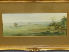EARLY 20th C. SCHOOL, GREEN PASTURES AND TREES, WATERCOLOUR. 13.5 x 34cms.