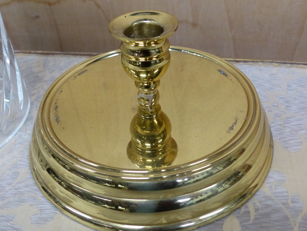 A BRASS CANDLESTICK WITH WATERFORD CYLINDRICAL CUT GLASS STORM SHADE. H 32.5cms. - Image 4 of 5