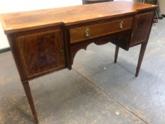 A 19th CENTURY SATIN CROSS BANDED AND CHEQUER LINE INLAID MAHOGANY BREAKFRONT SIDE BOARD, THE CENTRA