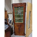 A 19th C. LINE INLAID MAHOGANY CORNER CUPBOARD, THE UPPER HALF GLAZED. W 83 x H 208cms.