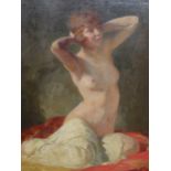 EARLY 20th C. SCHOOL, A NUDE SEATED WITH HER HANDS TO HER HEAD, OIL ON CANVAS, INITIALLED M R