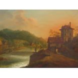 19th C. EUROPEAN SCHOOL, RAPIDS PASSING UNDER A BRIDGE TO A COTTAGE AND SUNSET WITH A MILLRACE AND