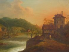 19th C. EUROPEAN SCHOOL, RAPIDS PASSING UNDER A BRIDGE TO A COTTAGE AND SUNSET WITH A MILLRACE AND
