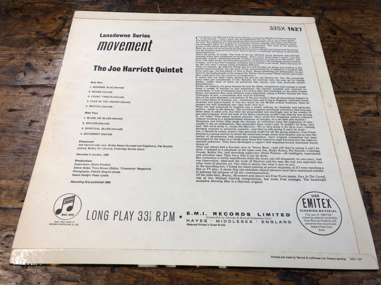 THE JOE HARRIOTT QUINTET - MOVEMENT LP 1964 MONO 1ST PRESSING COLUMBIA 33SX 1627 FRONT LAMINATED - Image 3 of 5
