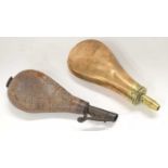 Copper and brass Battie patent powder flask, together with further leather shot flask (2)