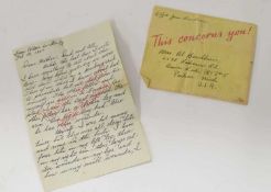 WWII piece of ephemera - German POW letter from Flt Sgt Jesse Bradham, written after being shot