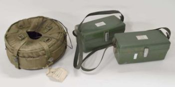 Pair of post-WWII TMC type UK field telephones PTC405 together with reel of telephone cable (3)