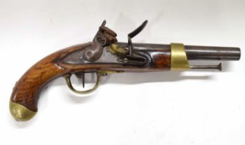 Napoleonic French 1805 pattern cavalry pistol with brass mounts and 'skullbasher' butt cap, steel
