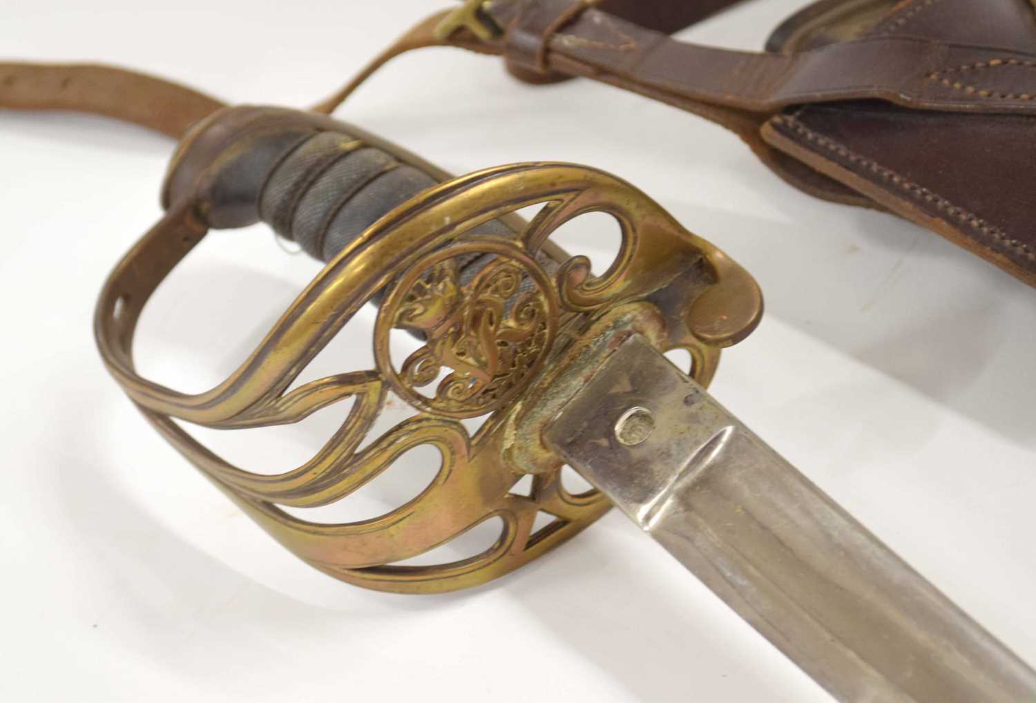 British Victorian 1845 pattern infantry Officer's sword with coated leather scabbard and frog, - Image 4 of 5