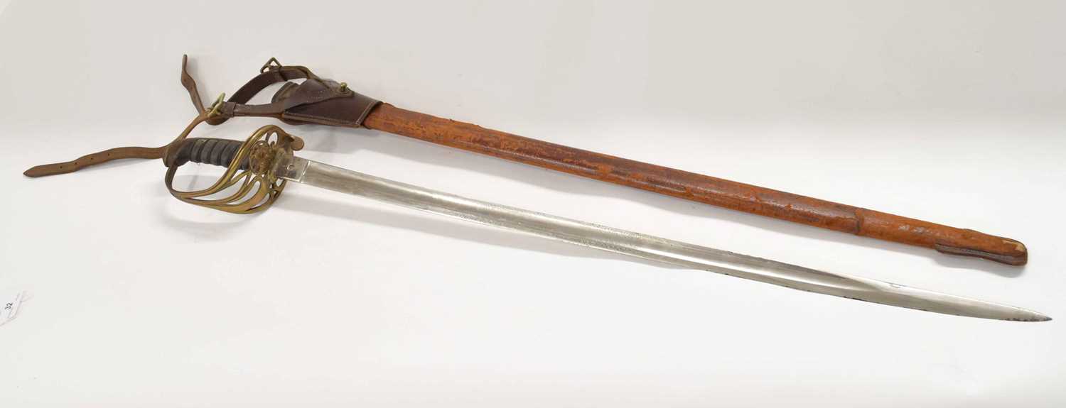 British Victorian 1845 pattern infantry Officer's sword with coated leather scabbard and frog, - Image 3 of 5