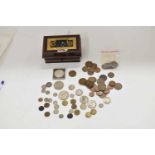 Small metal cash tin containing various coinage to include a Victorian crown, 1890; a George VI