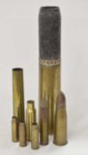 Quantity of shells and shell casings to include a British 1917 dated 18 pounder shell, 1942