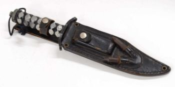 Unusual 20th century/21st century Japanese survival knife with leather scabbard, together with