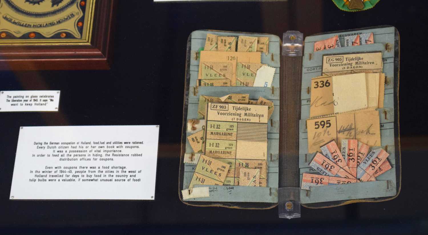 WWII display case with items from German occupied Holland to include civilian ration coupon - Image 3 of 5