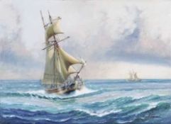 Kenneth Grant (British, 20th Century), A pair of Brig Rigged Sailing Ships, one believed to be the